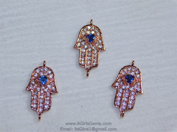 Turquoise Hamsa Hand Charm - Hamsa Hand Connector Bead, CZ Micro Pave Rose Gold Plated with Sapphire CZ, Protection Jewelry Making